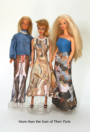 More than the Sum of Their Parts: Three generations of Barbies in clothes collaged with body parts.